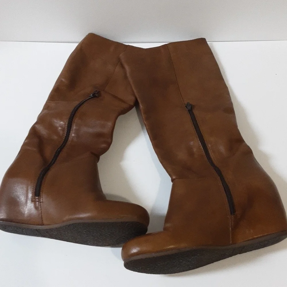 Mercanti Fiorentini leather boots heel knee  wedge brown women 38 pull on